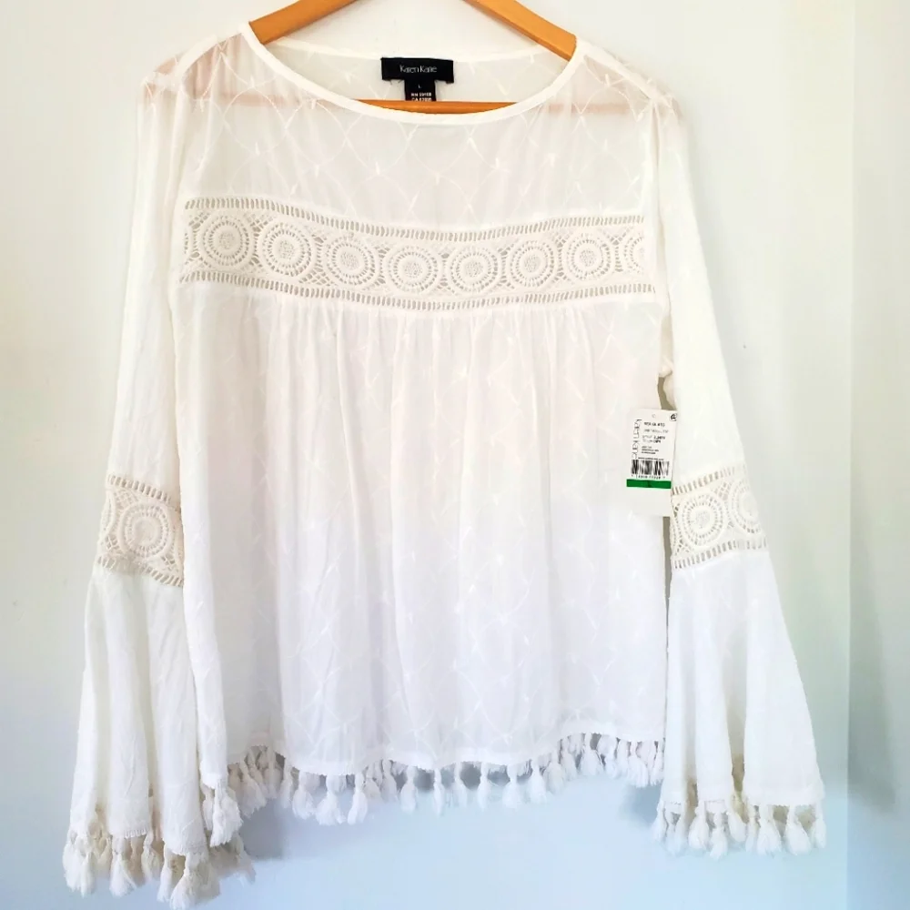 NWT KAREN KANE L White Embroidered Tassel Top Cotton Bell Sleeve Boho Coastal - Picture 14 of 14